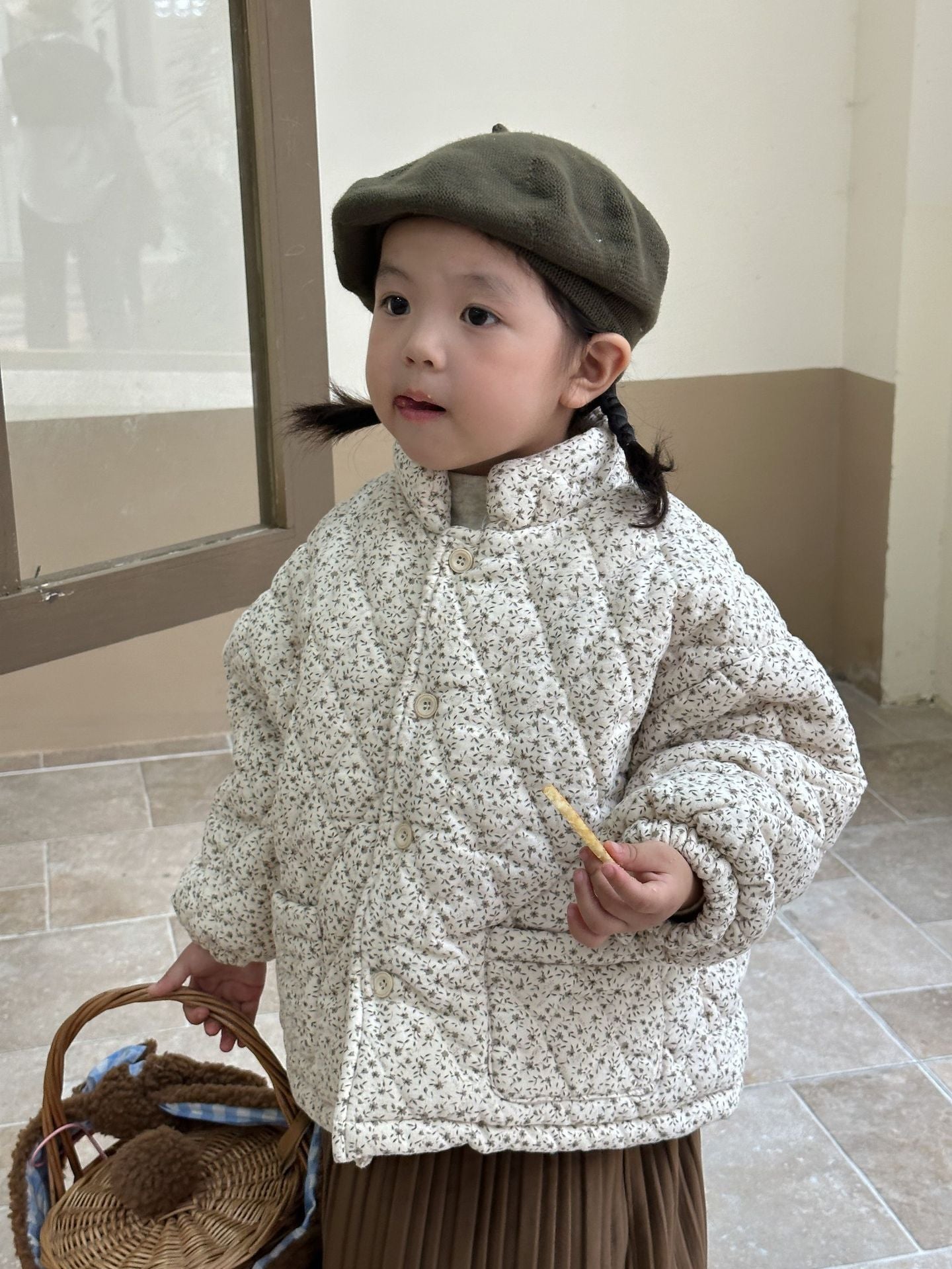 Girls Padded Cotton Clothes Fleece Thickened Floral Kids' Overcoat
